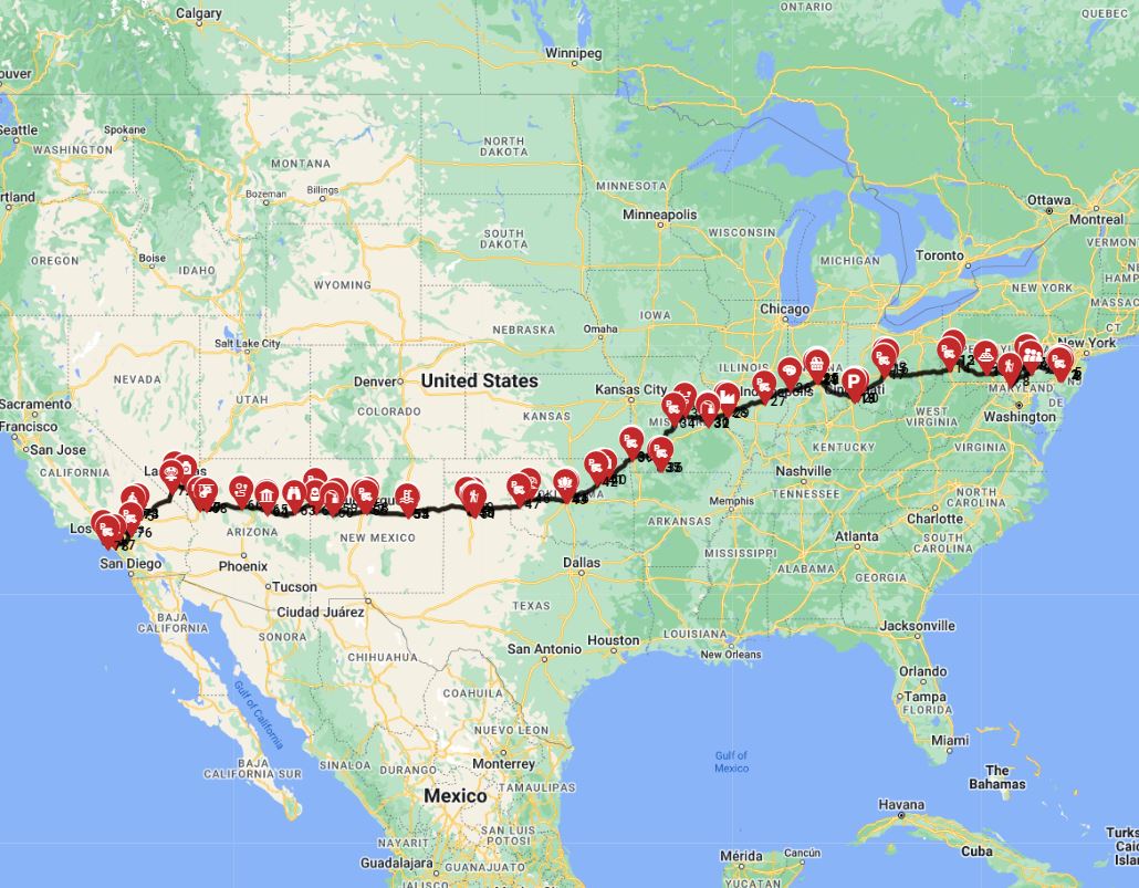 Philadelphia to Los Angeles RV coast to coast trip route planner